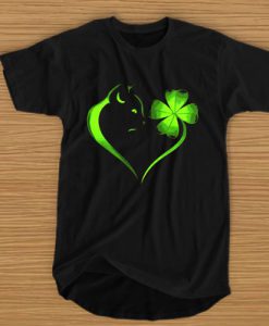 Cat Irish Four leaf clover heart t shirt