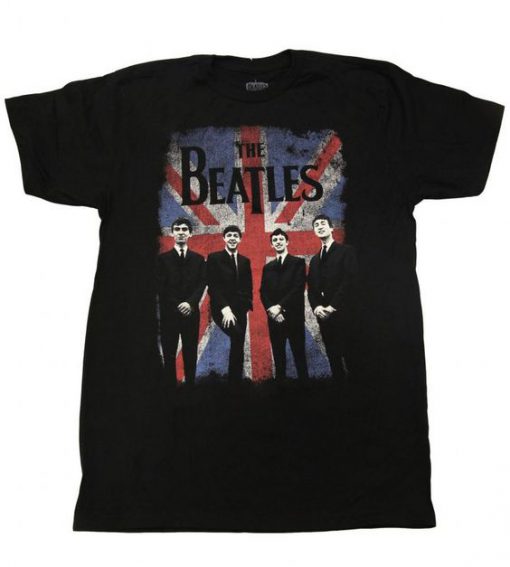 The Beatles Union Jack Distressed Adult Black t shirt
