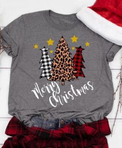 Plaid Leopard Printed Merry Christmas Trees t shirt